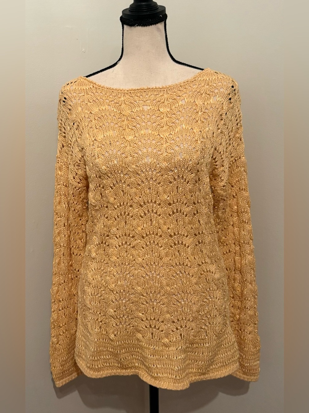 Chico's Crotchet Open Knit Sweater Golden Yellow Women’s 1 Boho Coastal Grandma